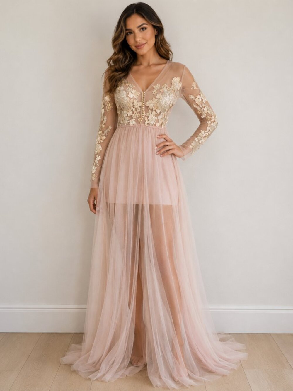 Sheer Pink Floral Appliqué Tulle Robe Nightgown Bridal Wedding Maternity Photos